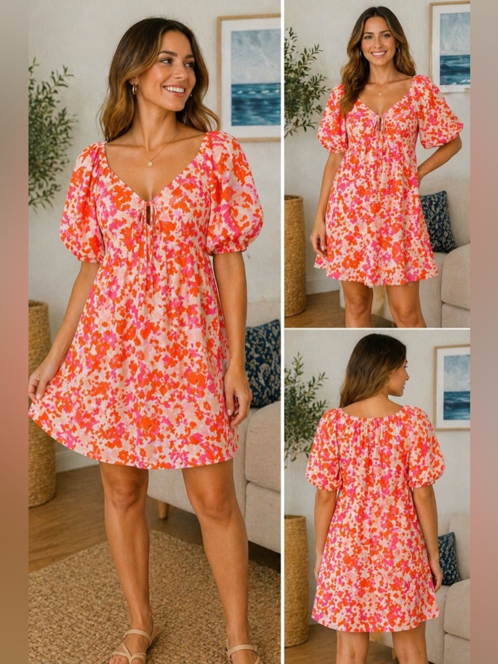 Lucy Paris Floral Mini Dress Medium Pink Orange Puff Sleeve Boho Cottagecore